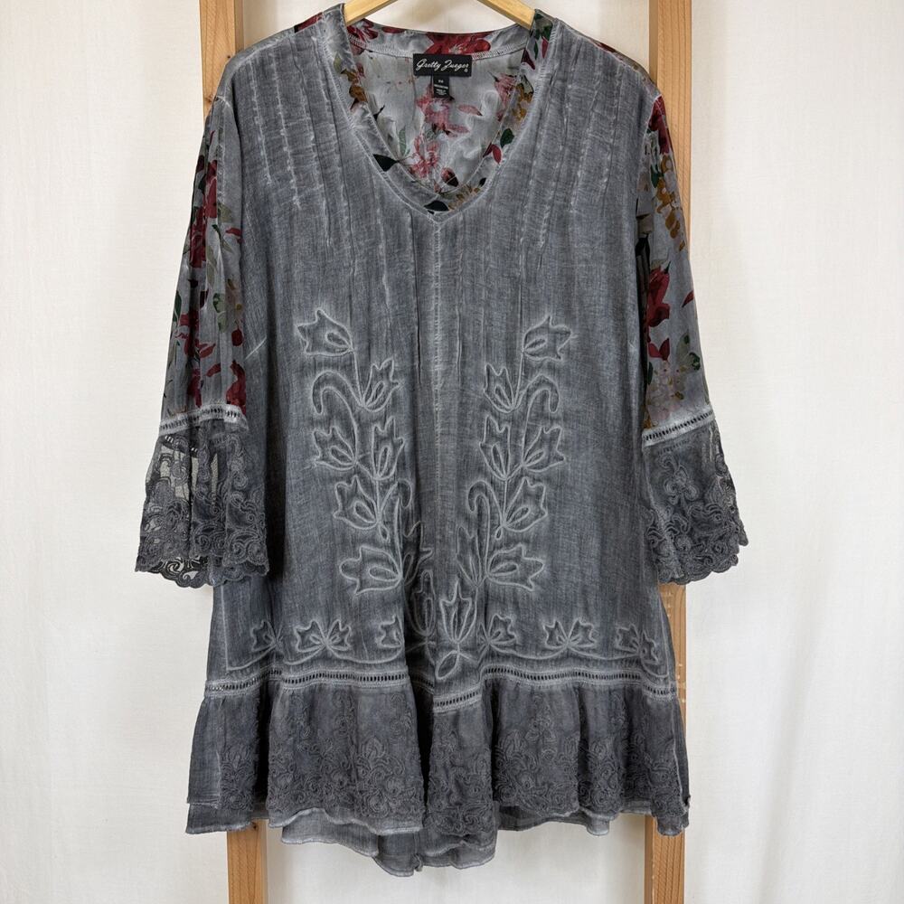 Gretty Zueger Gray V Neck Lace On Cuffs Hem High Low Tunic #1364 Size 2X